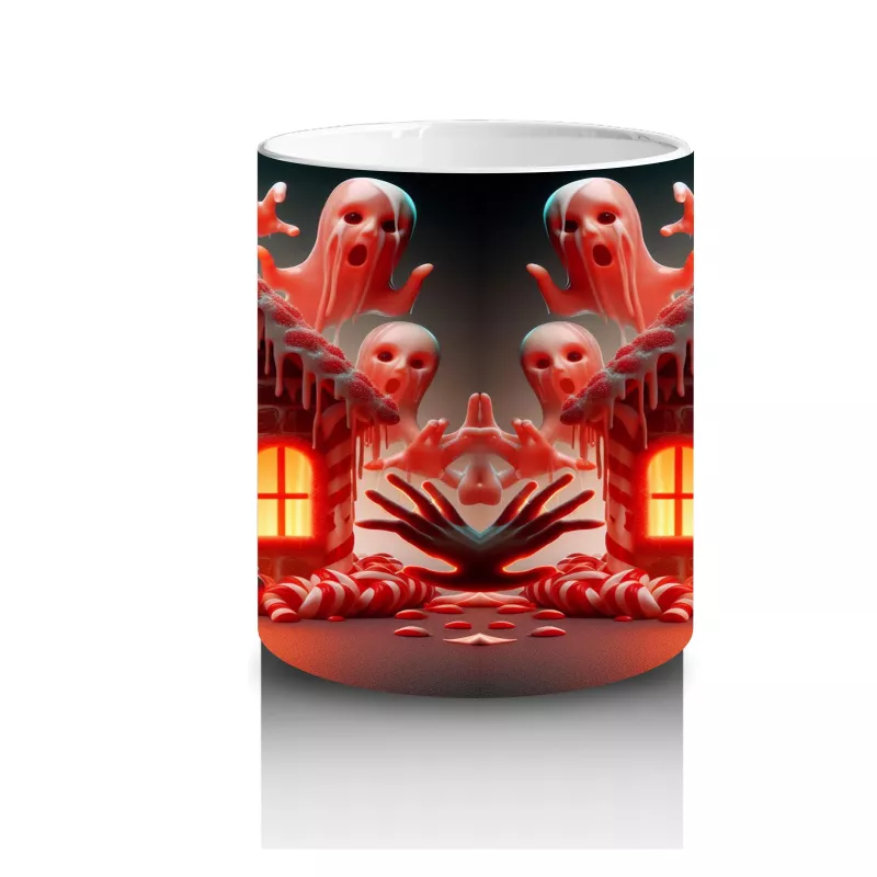 Kırmızı Perili Kurabiye Ev Temalı Renkli Cadılar Bayramı Baskılı Kupa - 3