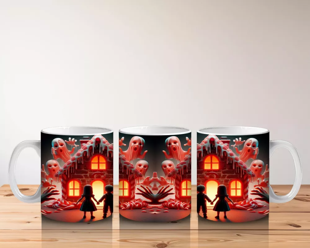 Kırmızı Perili Kurabiye Ev Temalı Renkli Cadılar Bayramı Baskılı Kupa - 5