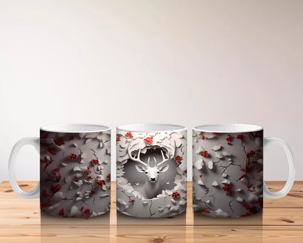 Kırmızı Yapraklarla Sarılmış Gotik Geyik İllüstrasyonu - Baskılı kahve kupası - 5