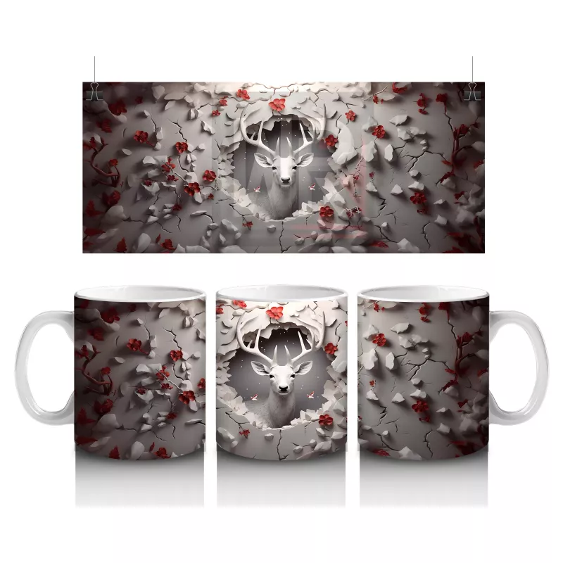 Kırmızı Yapraklarla Sarılmış Gotik Geyik İllüstrasyonu - Baskılı kahve kupası