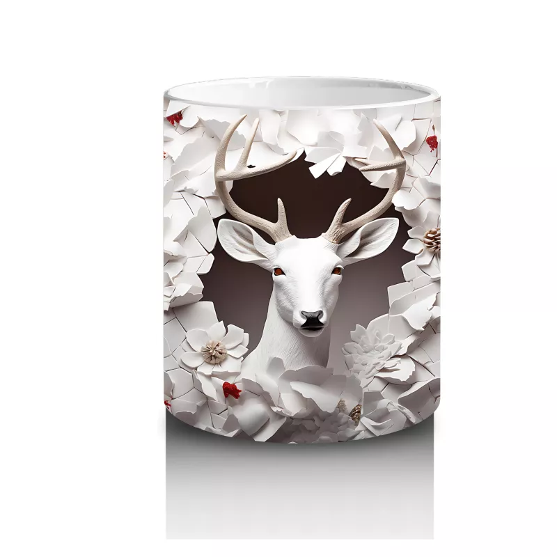 Kırmızı Yapraklı Çiçek Duvarı Önünde Gotik Geyik Figürü - Baskılı kahve kupası - 3