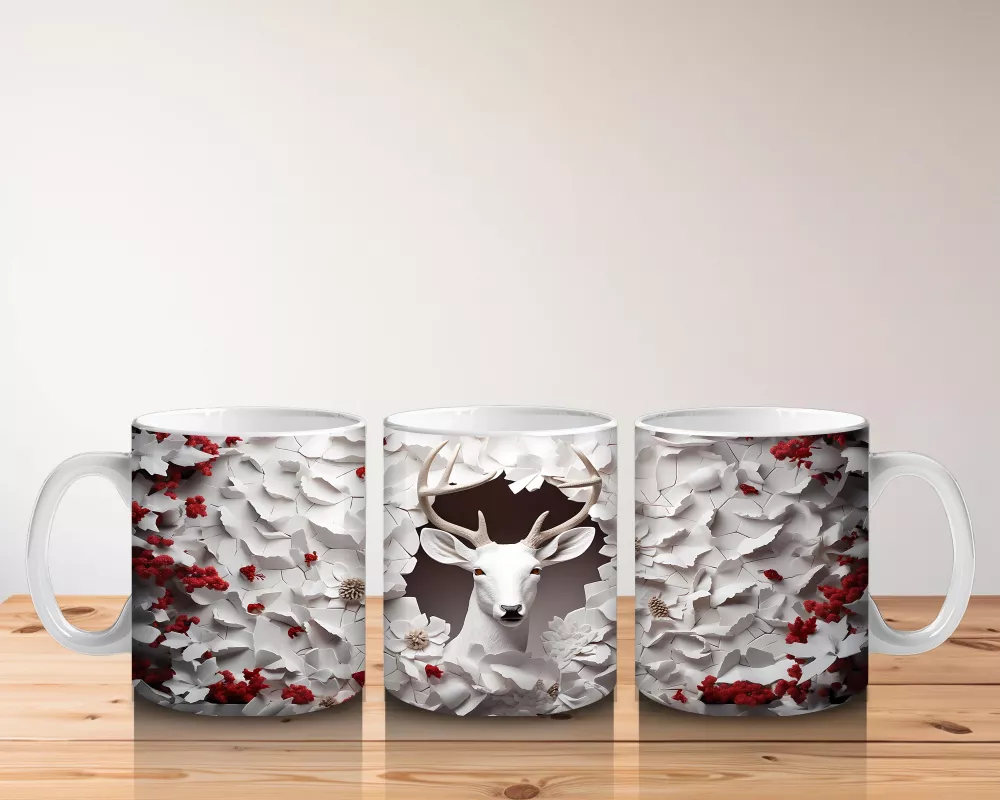 Kırmızı Yapraklı Çiçek Duvarı Önünde Gotik Geyik Figürü - Baskılı kahve kupası - 5