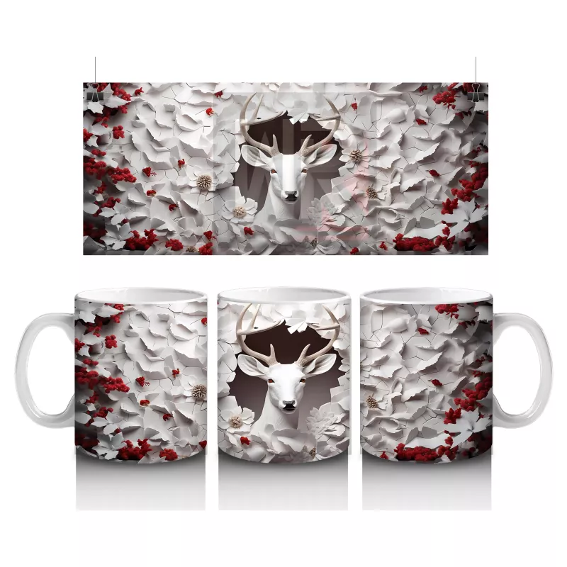 Kırmızı Yapraklı Çiçek Duvarı Önünde Gotik Geyik Figürü - Baskılı kahve kupası