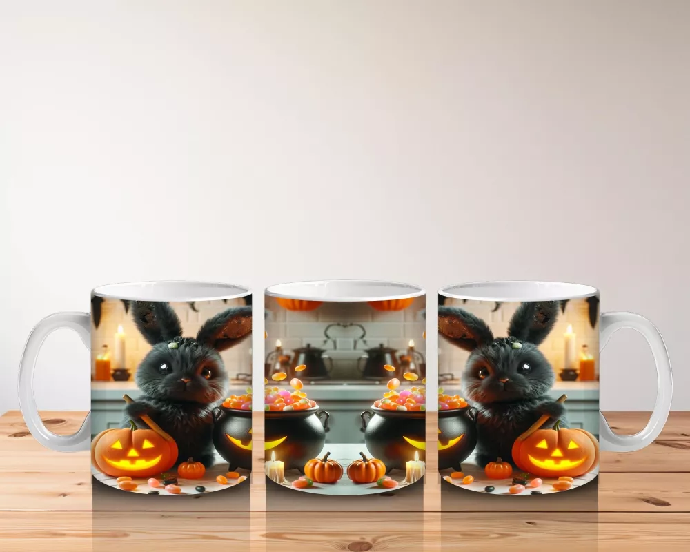 Korkmuş Kedi Figürlü Cadı Kostümlü Eğlenceli Cadılar Bayramı Baskılı Kupa Bardak - 5