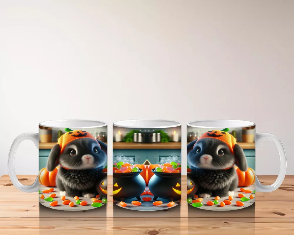 Kostümlü Hayvanlar ve Balkabaklarıyla Sevimli Cadılar Bayramı Baskılı Kupa - 5