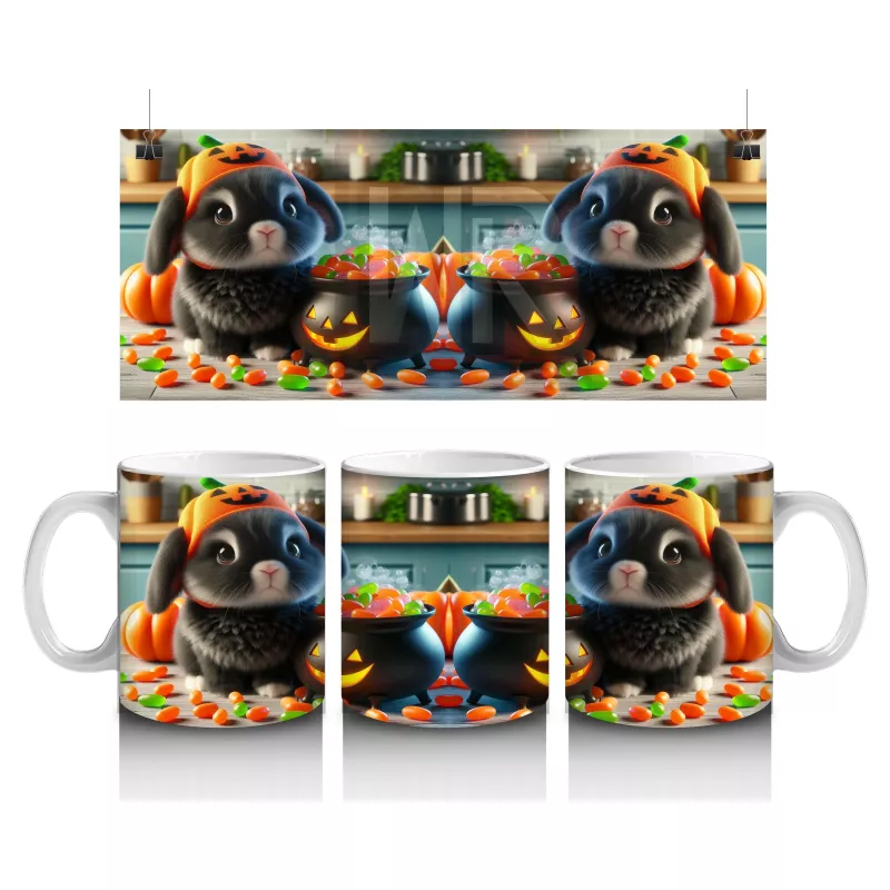 Kostümlü Hayvanlar ve Balkabaklarıyla Sevimli Cadılar Bayramı Baskılı Kupa