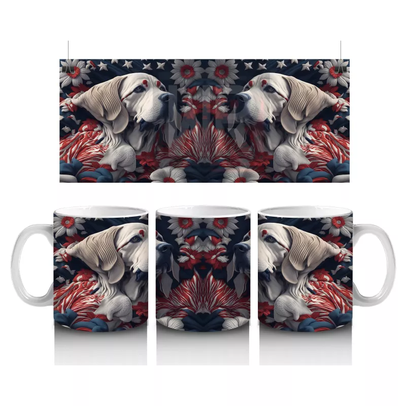 Koyu Çiçek Desenleri Önünde Zarif Köpekler – Baskılı Kahve Kupası