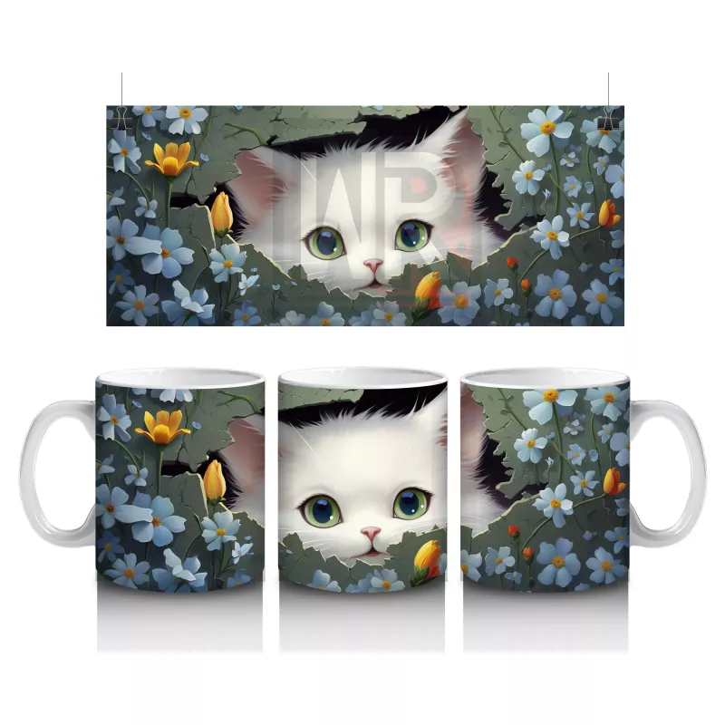 Koyu Fon Üzerinde Mavi Gözlü Sevimli Kedi – Baskılı Kahve Kupası