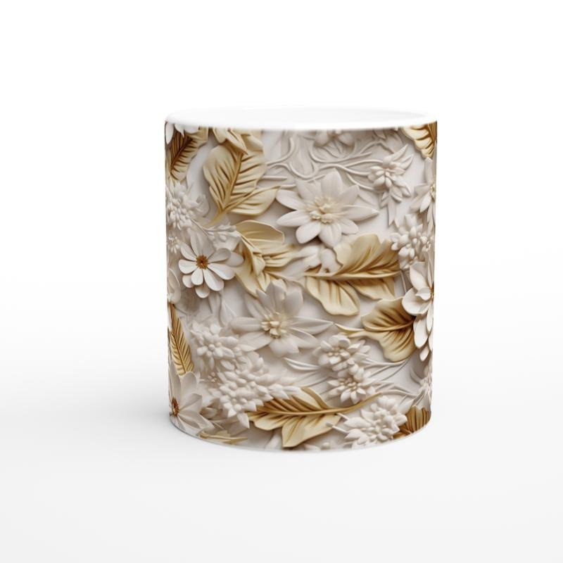 Krem Altın Yaprak Desenli Rölyef Kupa Bardak - 2