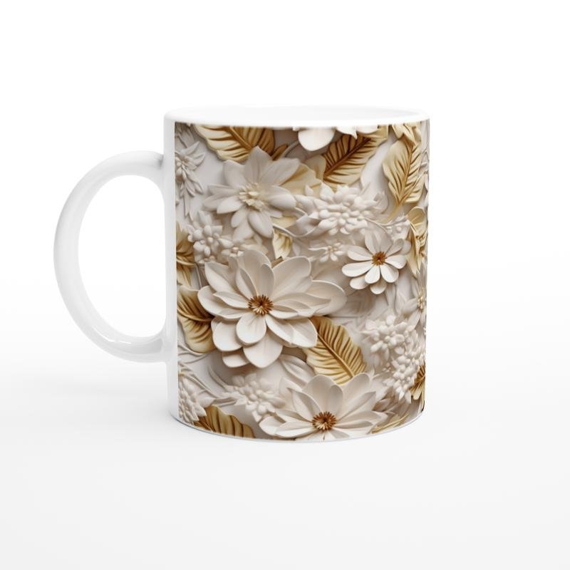 Krem Altın Yaprak Desenli Rölyef Kupa Bardak