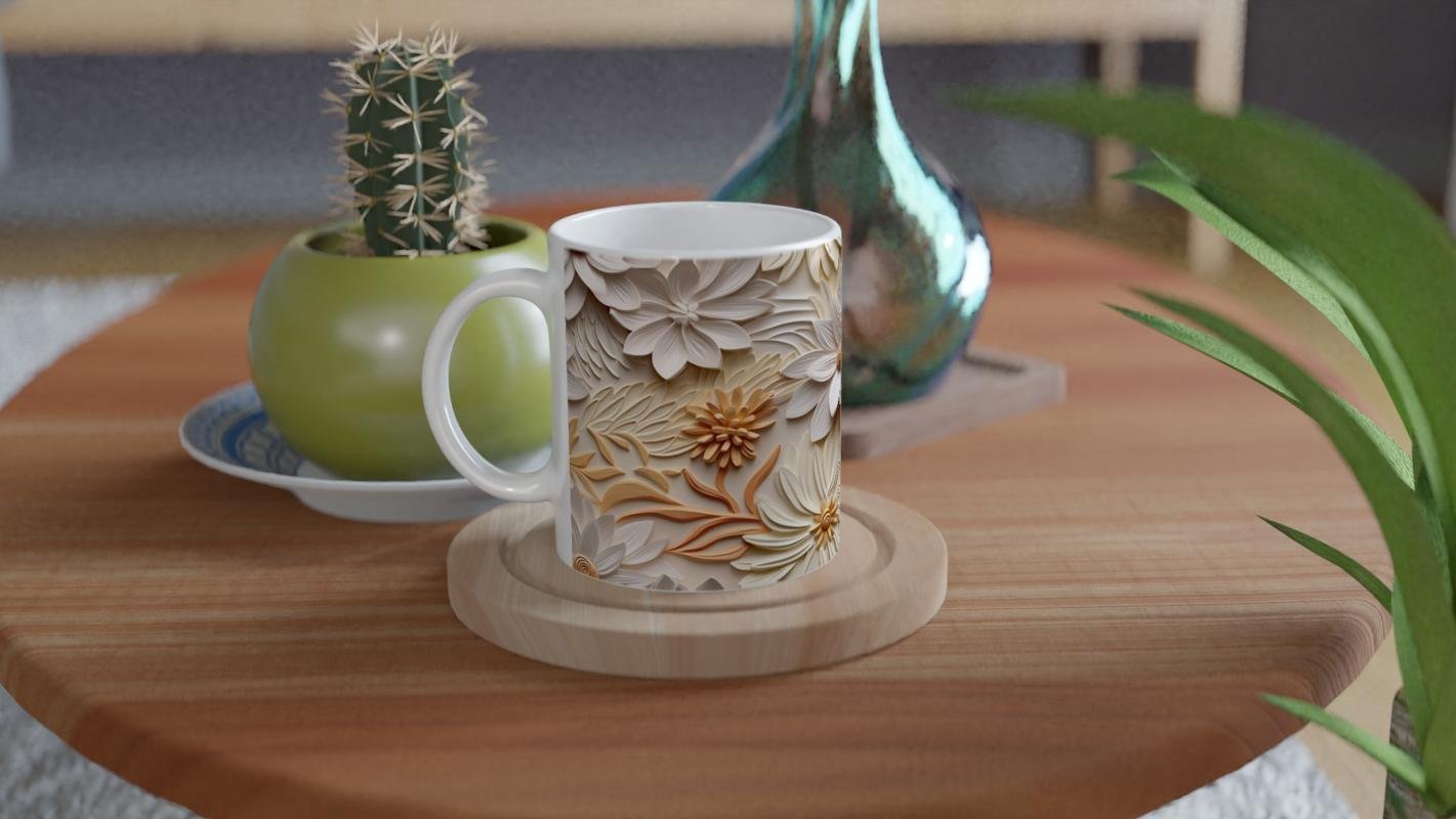 Krem Bahar Dokunuşlu Rölyef Kupa Bardak - 4