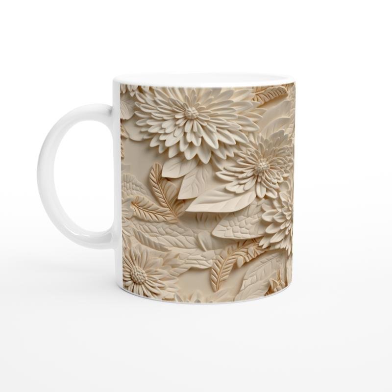 Krem Çiçek Dokulu Kupa Bardak