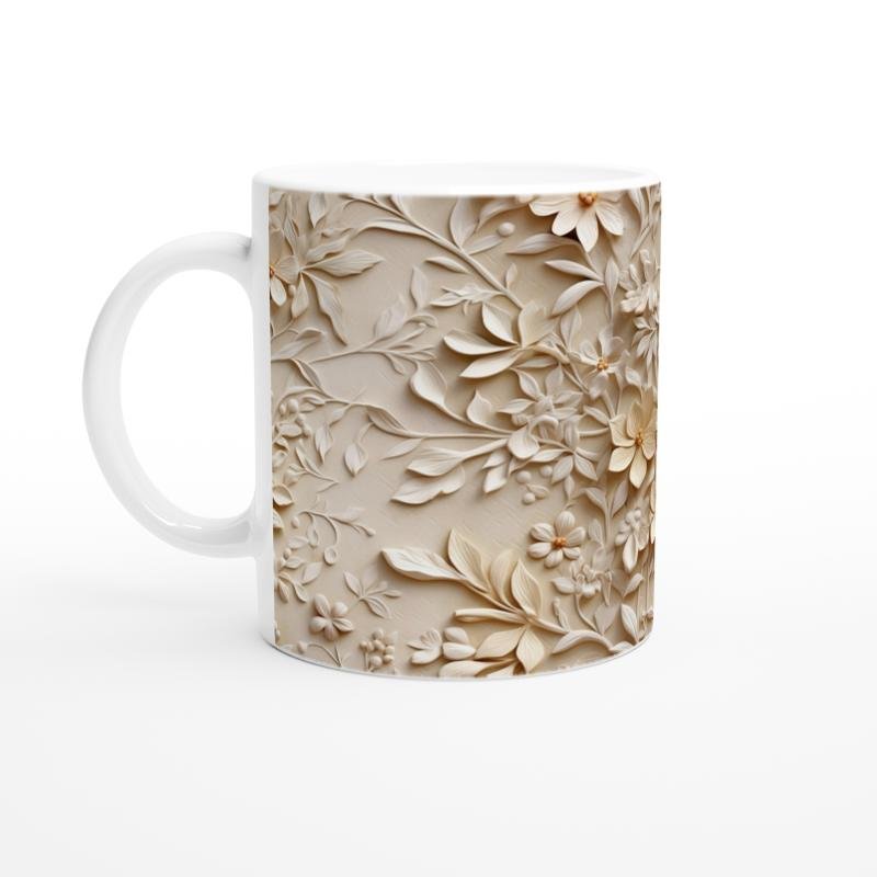 Krem Çiçek Rölyef Desenli Kupa Bardak