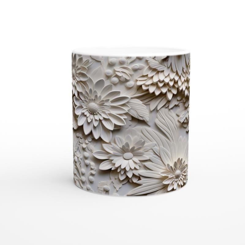 Krem Çiçek Rölyef Detaylı Kupa Bardak - 2