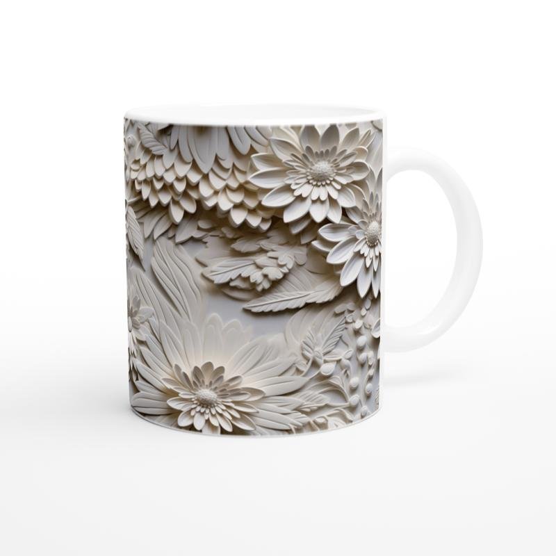 Krem Çiçek Rölyef Detaylı Kupa Bardak - 3
