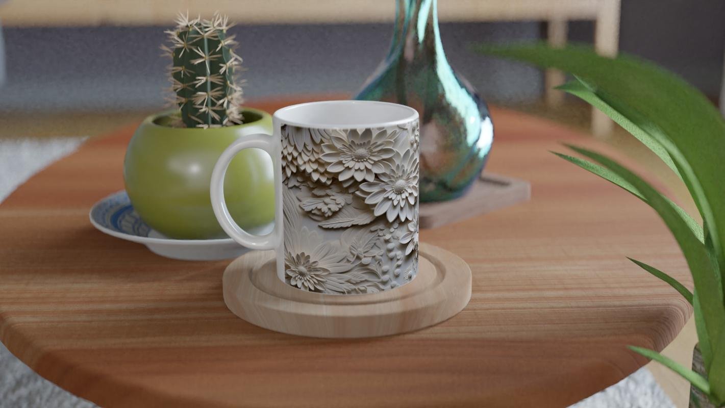 Krem Çiçek Rölyef Detaylı Kupa Bardak - 4