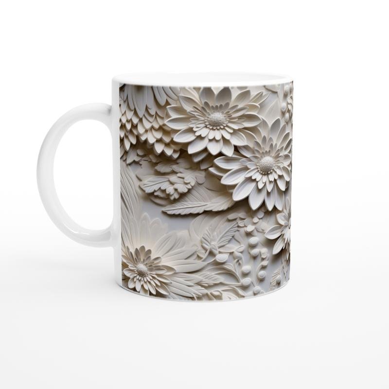 Krem Çiçek Rölyef Detaylı Kupa Bardak