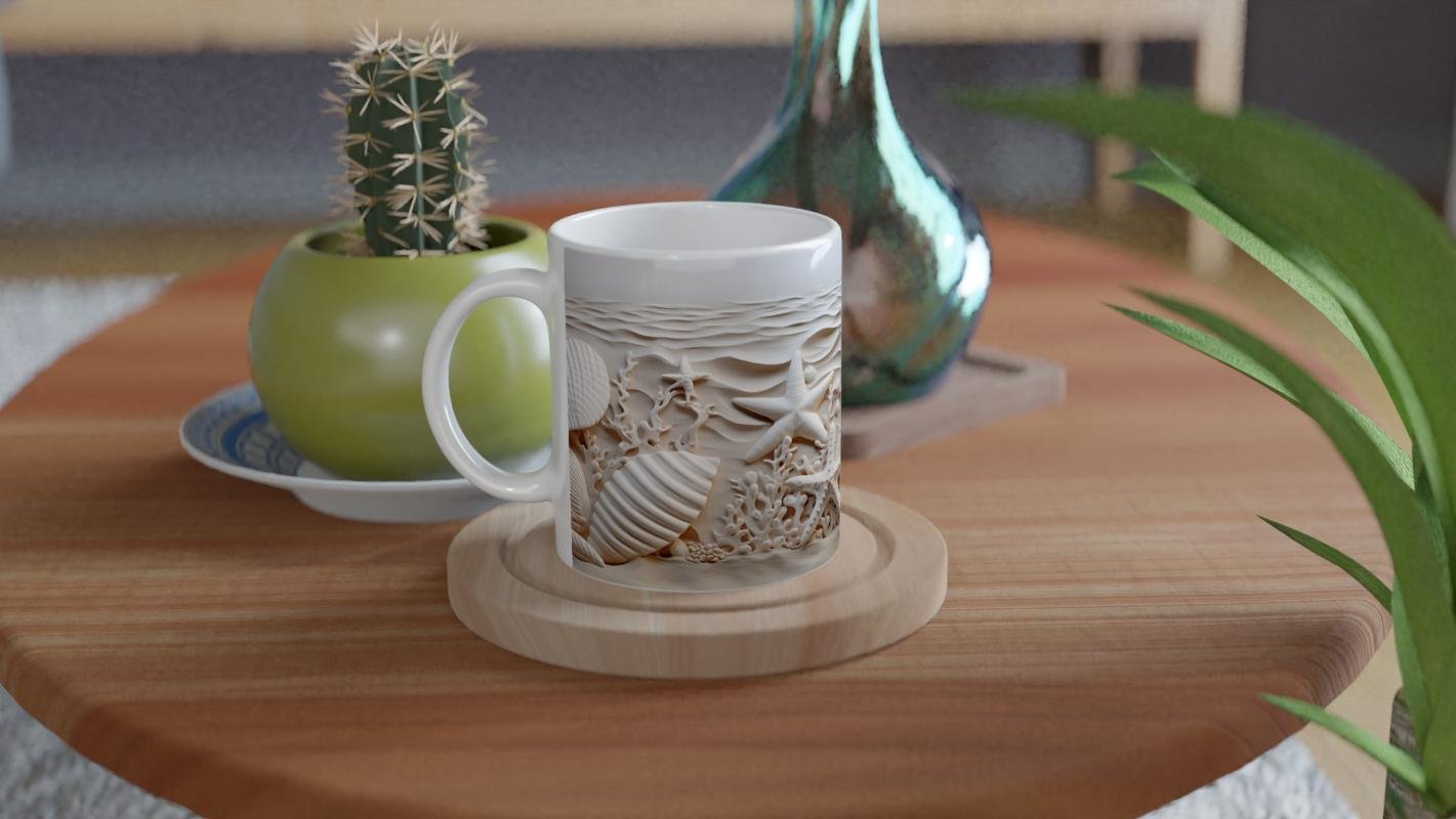 Krem Dalgalar ve Deniz Yıldızlarıyla Su Altı Temalı Kupa Bardak - 4