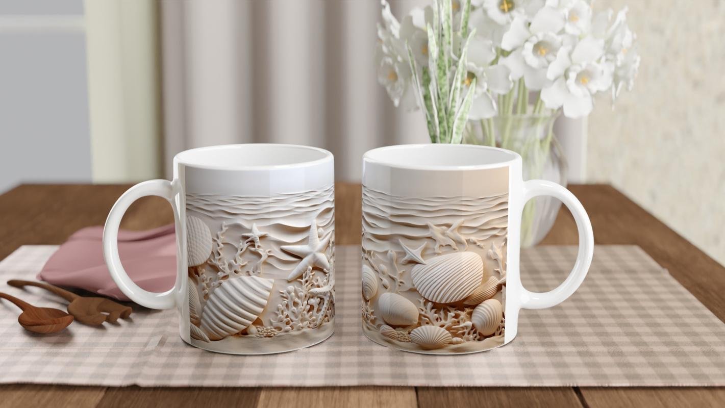 Krem Dalgalar ve Deniz Yıldızlarıyla Su Altı Temalı Kupa Bardak - 5