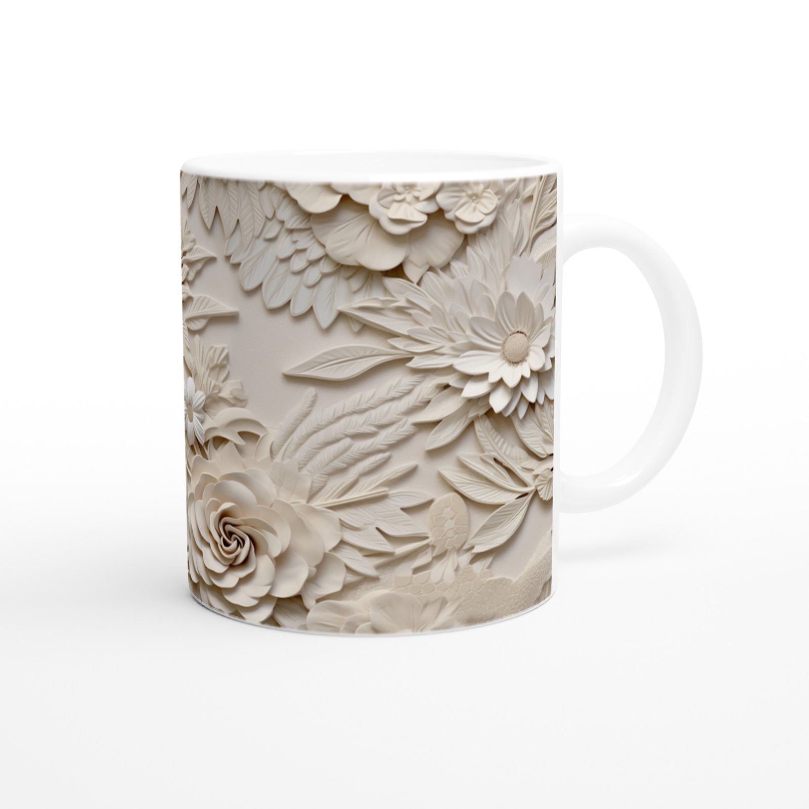 Krem Gül ve Papatya Desenli Kupa Bardak - 3