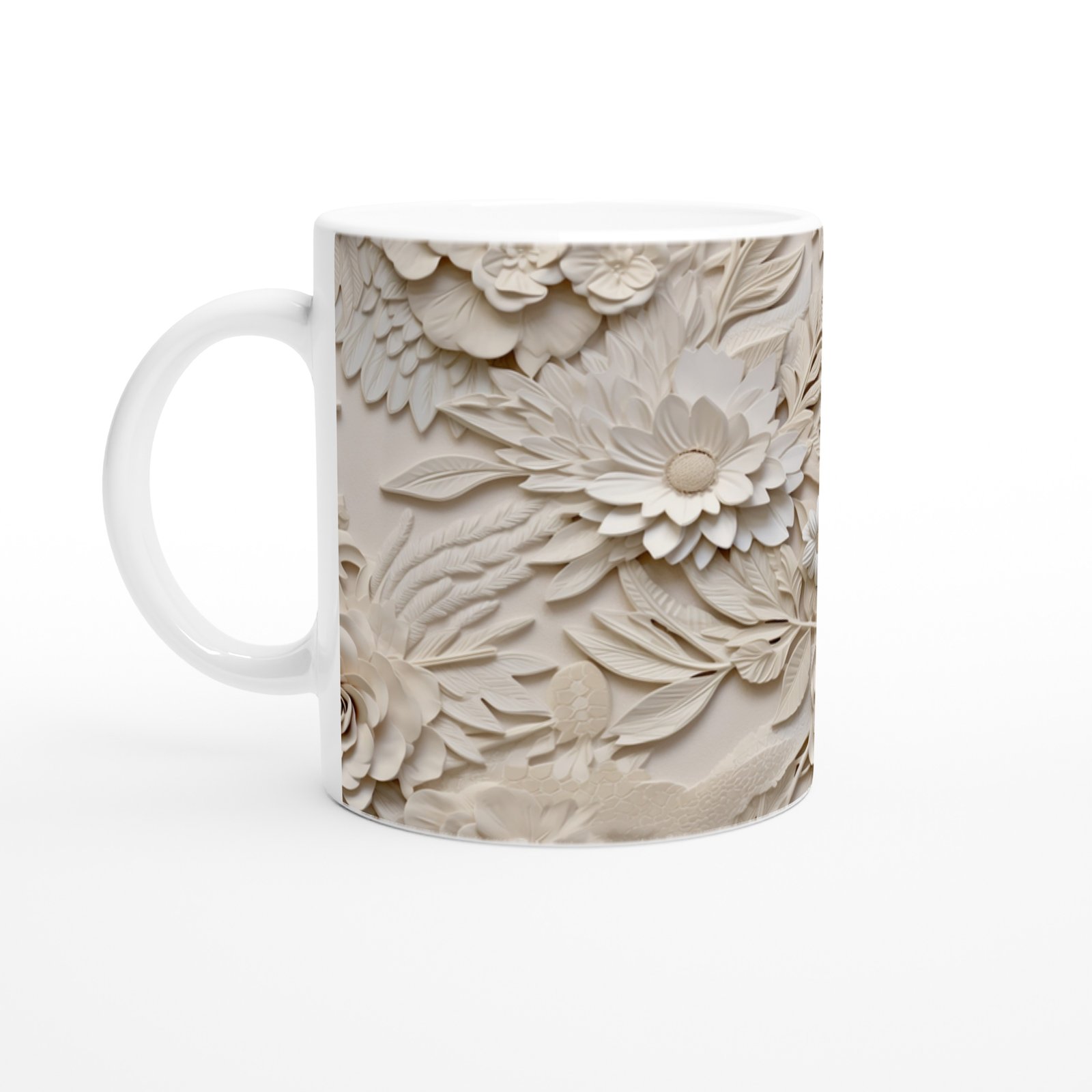 Krem Gül ve Papatya Desenli Kupa Bardak