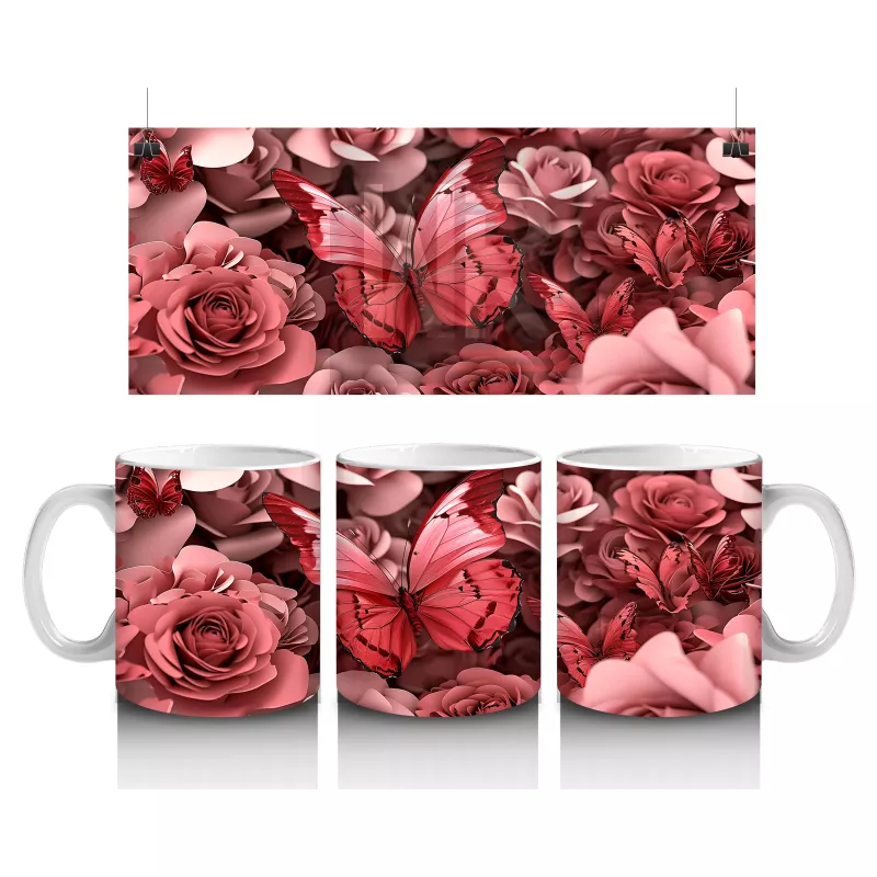 Krem Güller Arasında Kırmızı Kelebek – Baskılı Kahve Kupası