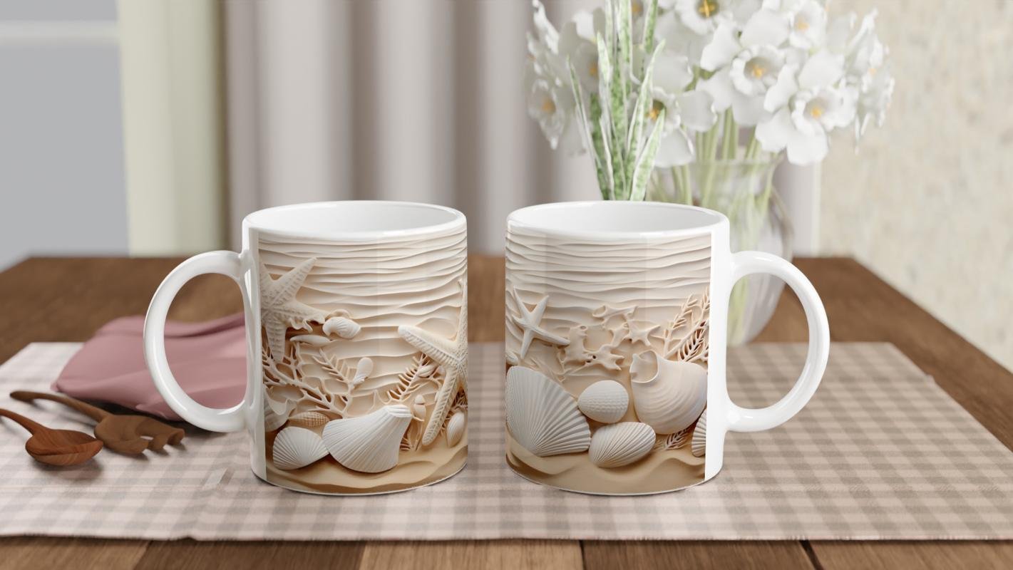 Krem Renkli Deniz Yıldızı ve Kabuk Tasarımlı Su Altı Temalı Kupa Bardak - 5