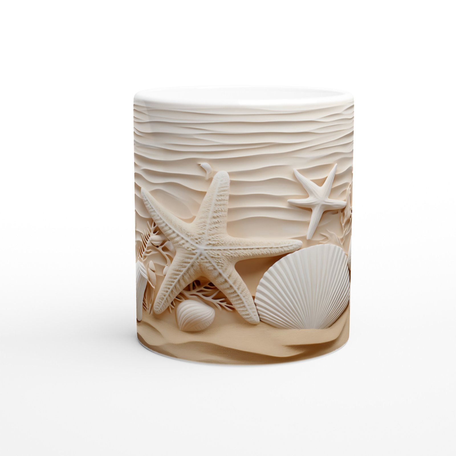 Krem Renkli Deniz Yıldızı ve Kabuk Tasarımlı Su Altı Temalı Kupa Bardak