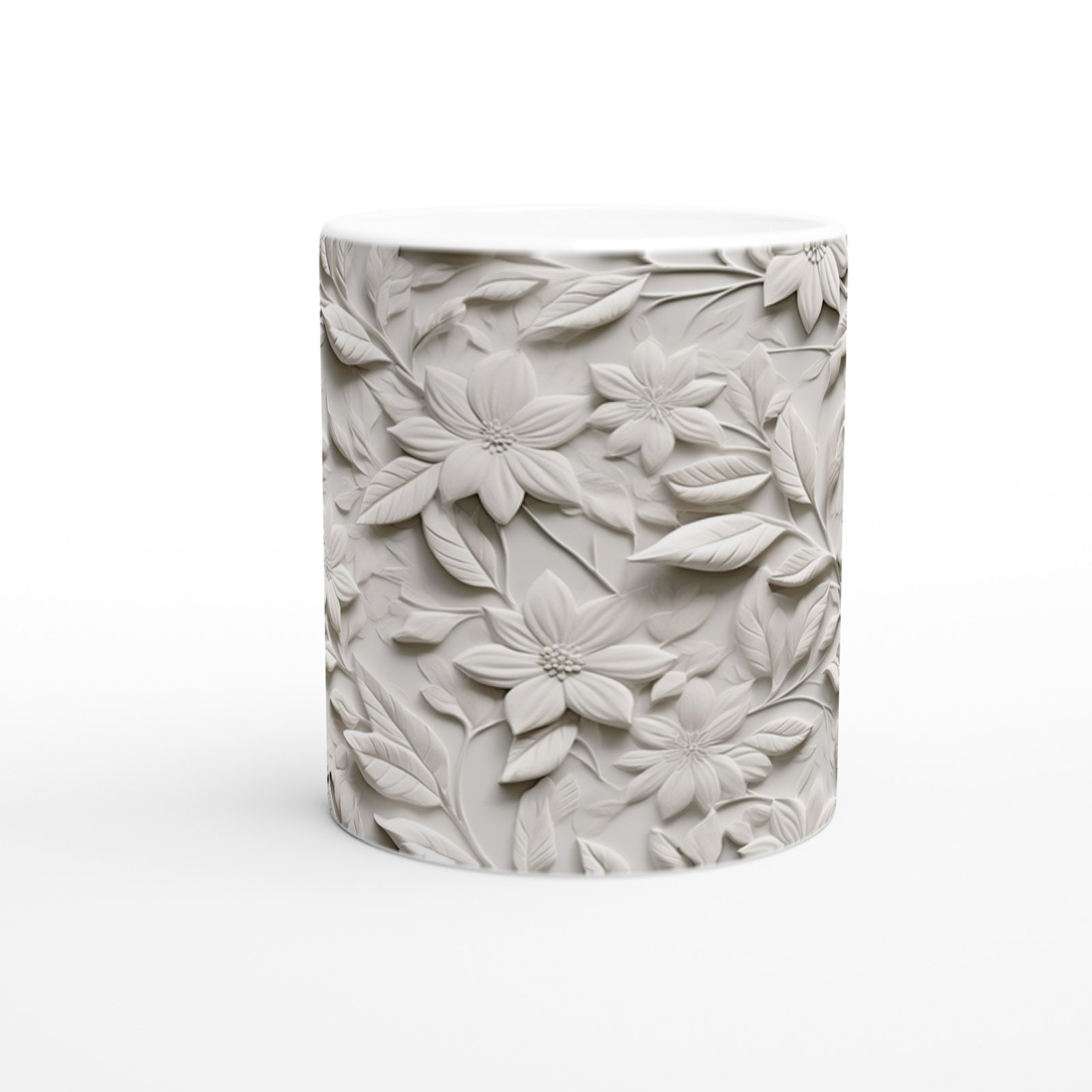 Krem Rölyef Çiçek Desenli Kupa Bardak - 2