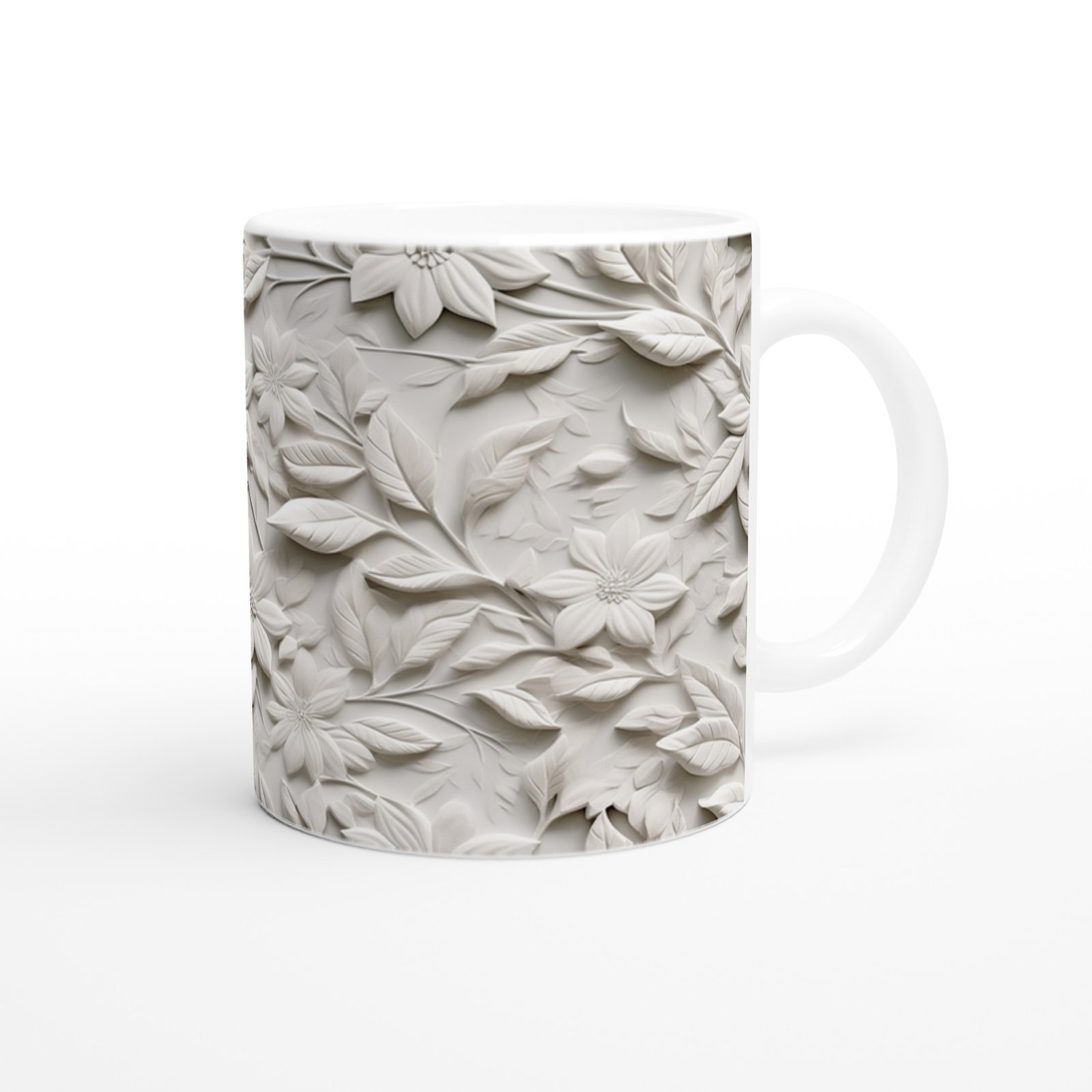 Krem Rölyef Çiçek Desenli Kupa Bardak - 3