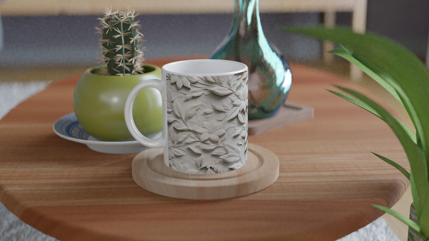 Krem Rölyef Çiçek Desenli Kupa Bardak - 4