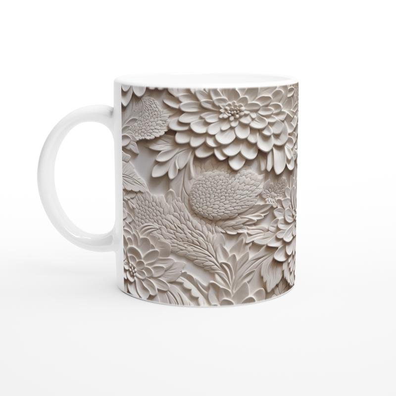 Krem Rölyef Çiçek Dokulu Kupa Bardak-2