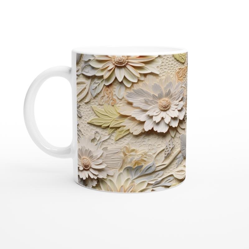 Krem Rölyef Çiçek Dokulu Kupa Bardak