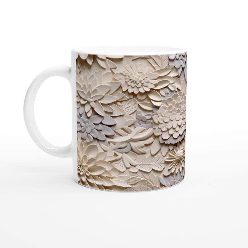 Krem Rölyef Çiçek Harmanı Kupa Bardak