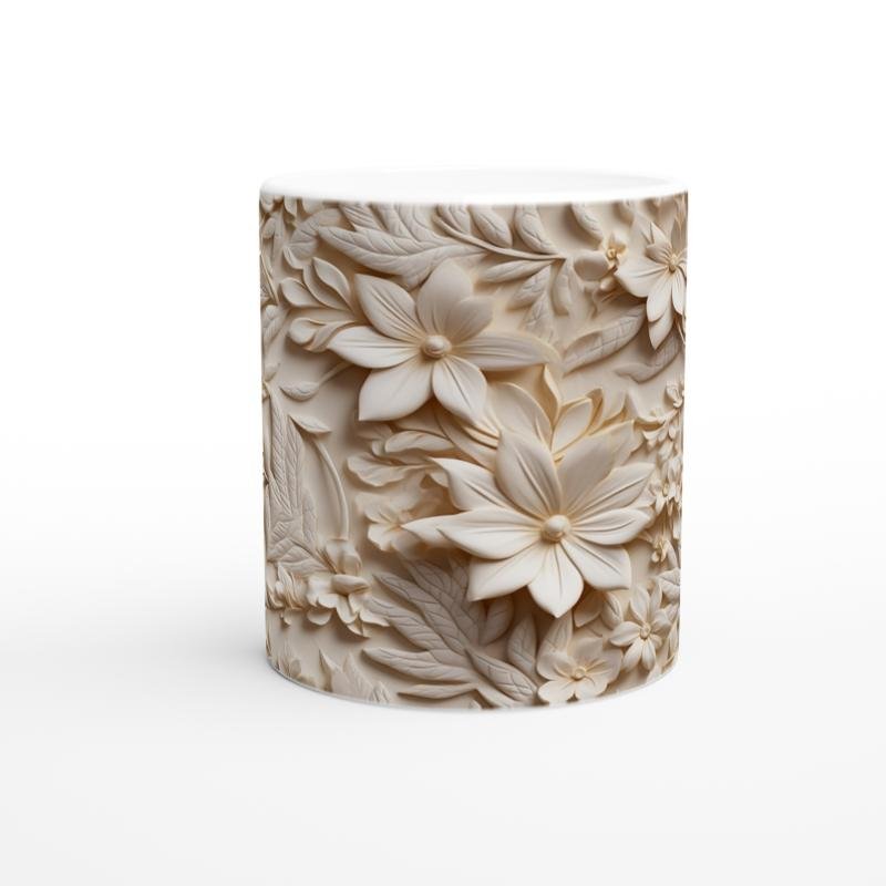 Krem Rölyef Doku Çiçek Desenli Kupa Bardak - 2