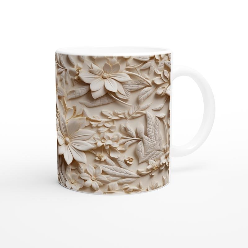 Krem Rölyef Doku Çiçek Desenli Kupa Bardak - 3