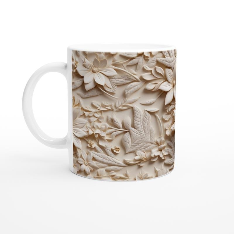 Krem Rölyef Doku Çiçek Desenli Kupa Bardak