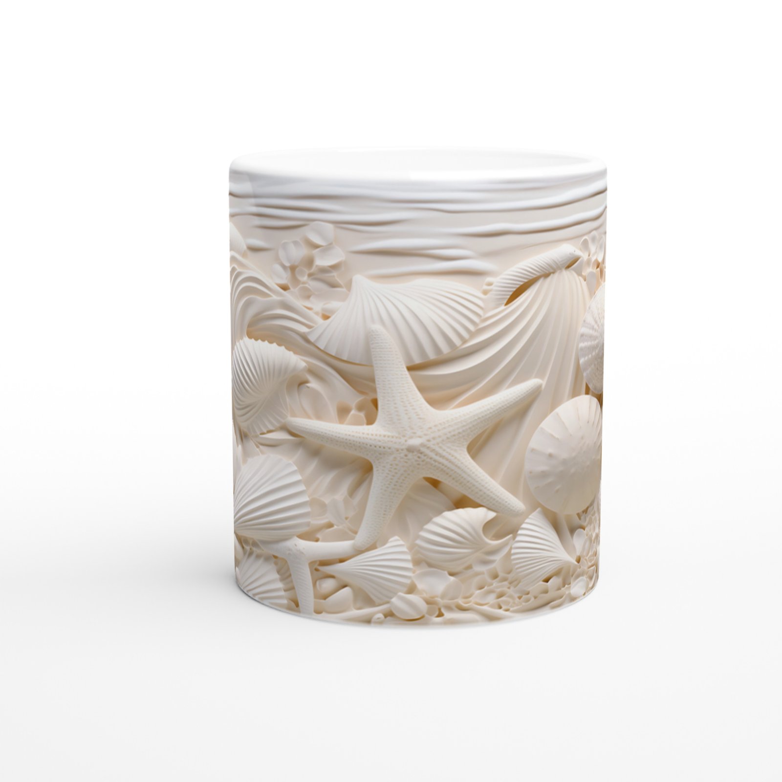 Krem Tonlarında Deniz Kabuğu ve Yıldız Desenli Su Altı Temalı Kupa Bardak