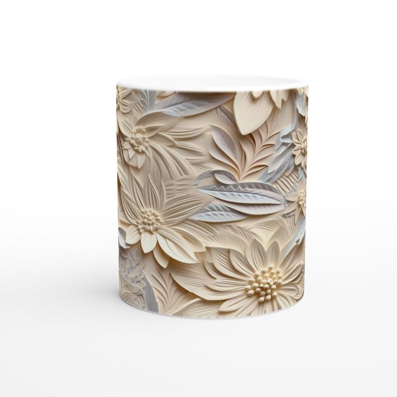Krem Tonlarında Kabartmalı Yaprak Çiçek Desenli Kupa Bardak - 2