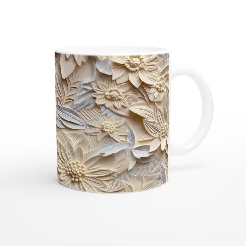 Krem Tonlarında Kabartmalı Yaprak Çiçek Desenli Kupa Bardak - 3