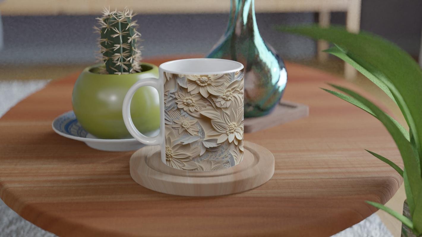 Krem Tonlarında Kabartmalı Yaprak Çiçek Desenli Kupa Bardak - 4