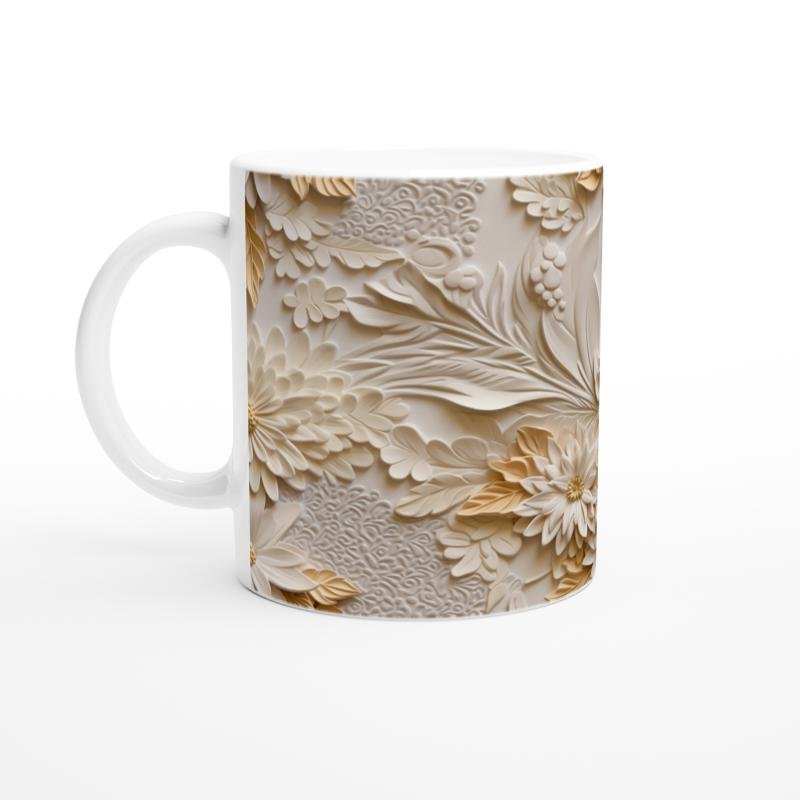 Krem Tonlu Rölyef Çiçek Desenli Kupa Bardak