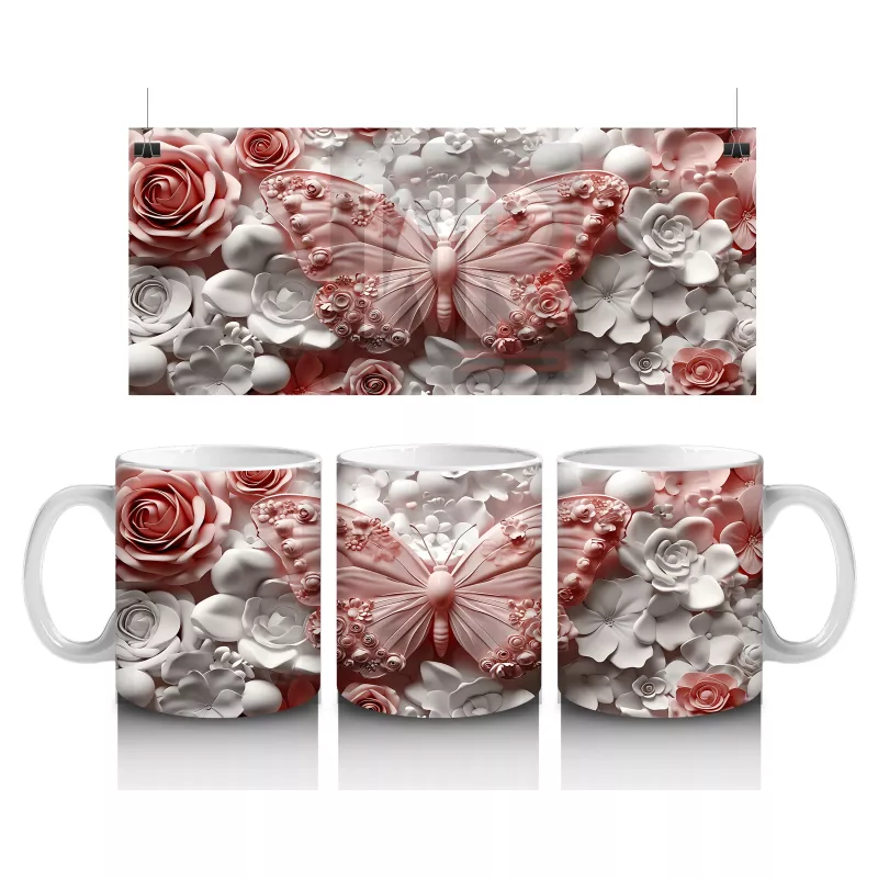 Krem ve Gül Tonlarında Çiçekler Üzerinde Şeffaf Kelebek - Baskılı kahve kupası