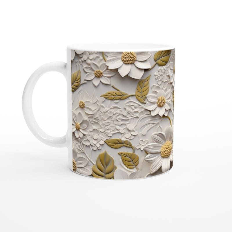 Krem ve Hardal Tonlarında Zarif Çiçek Dokulu Kupa Bardak