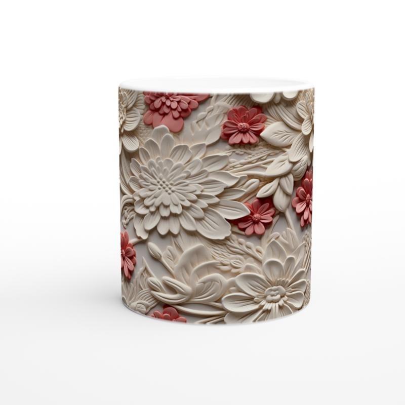 Krem ve Somon Renkli Rölyef Çiçek Desenli Kupa Bardak - 2