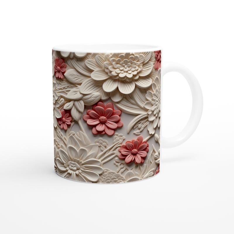 Krem ve Somon Renkli Rölyef Çiçek Desenli Kupa Bardak - 3