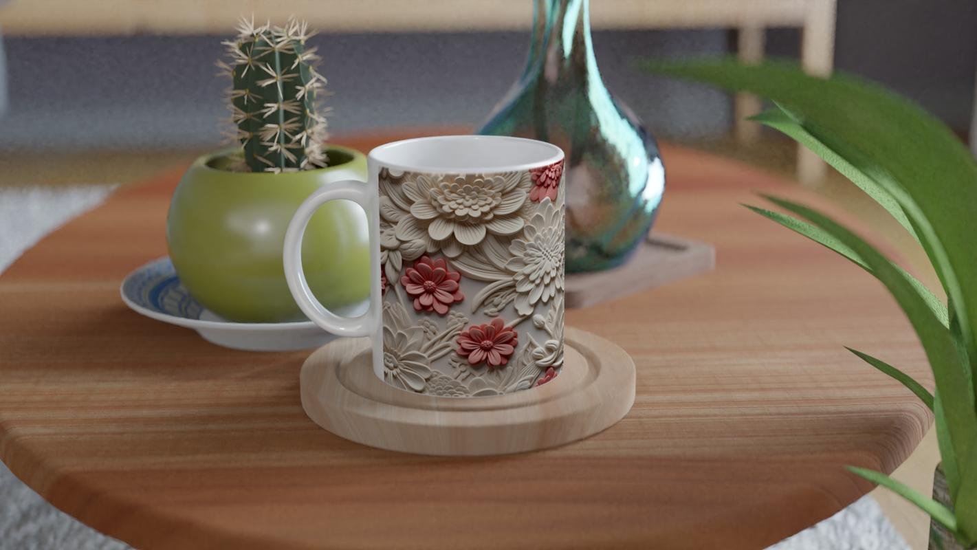 Krem ve Somon Renkli Rölyef Çiçek Desenli Kupa Bardak - 4