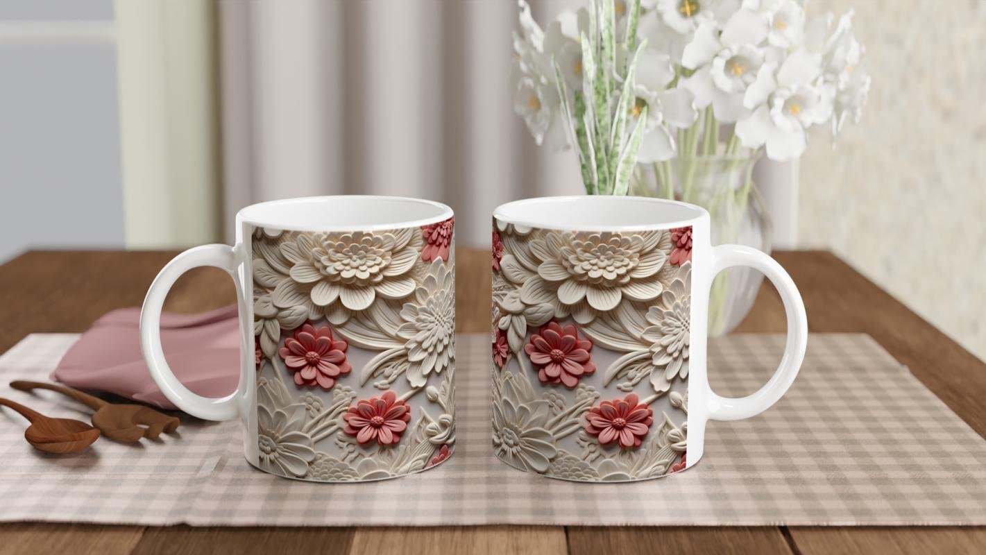 Krem ve Somon Renkli Rölyef Çiçek Desenli Kupa Bardak - 5