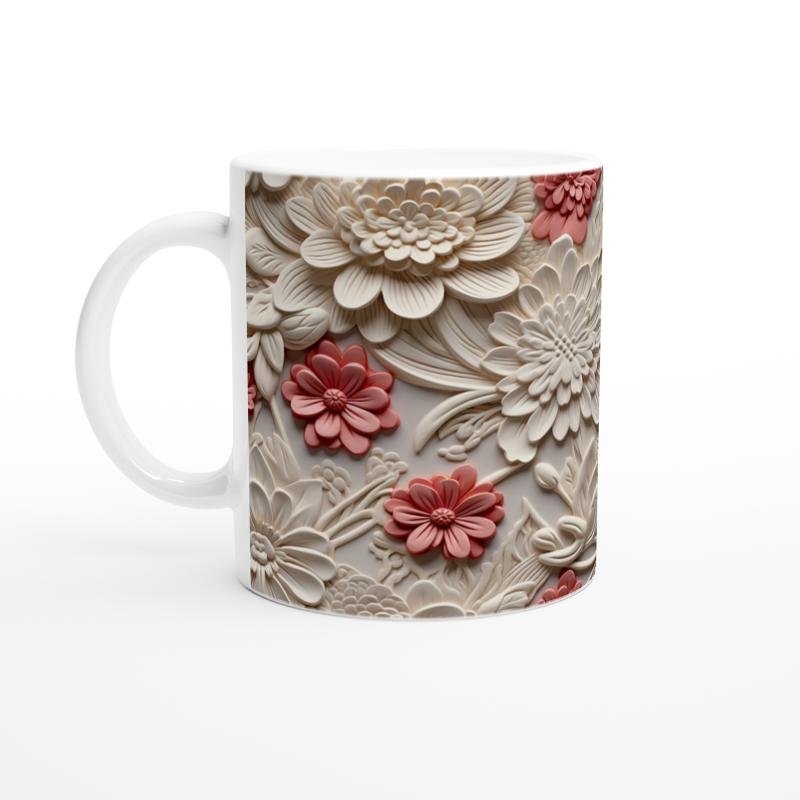 Krem ve Somon Renkli Rölyef Çiçek Desenli Kupa Bardak