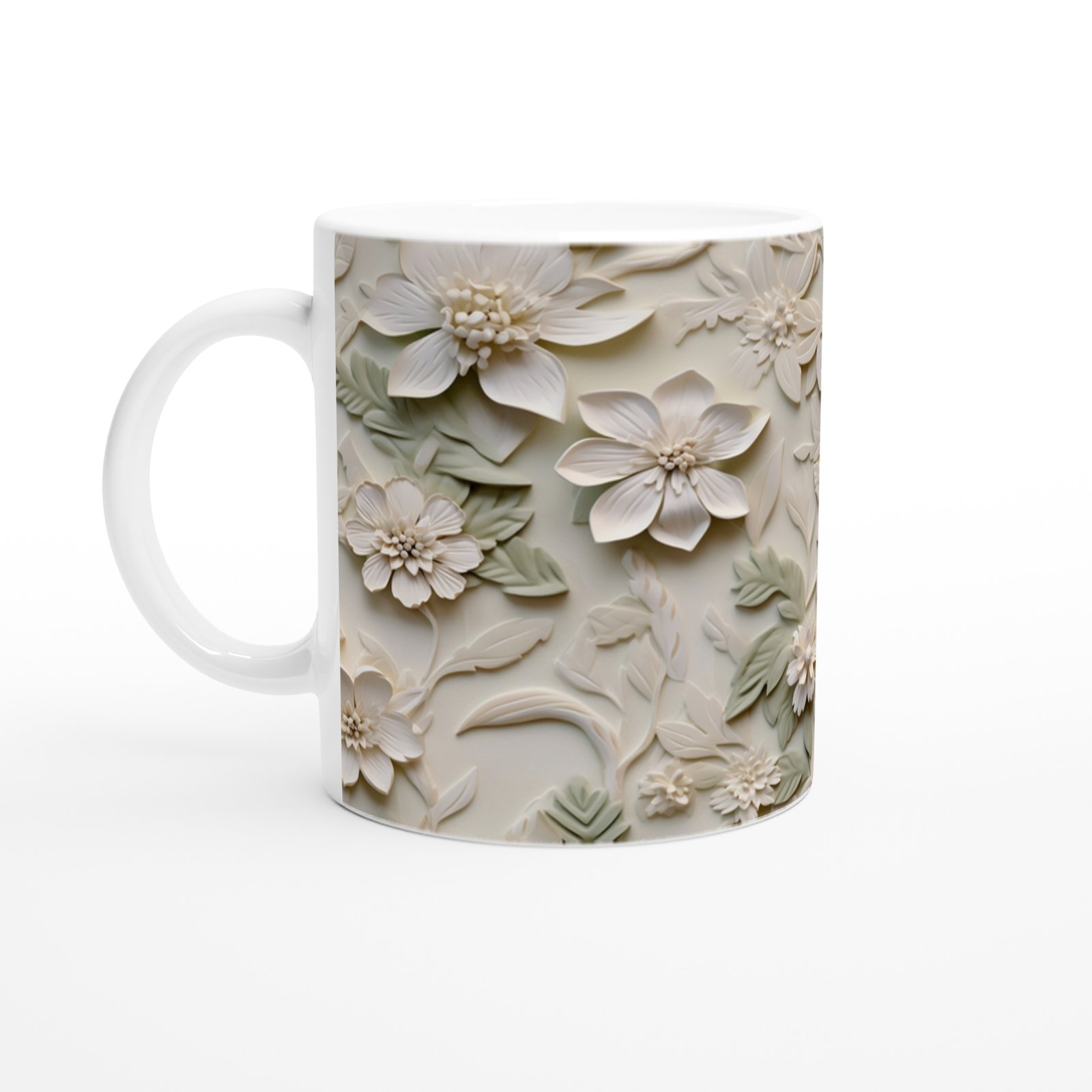 Krem ve Yeşil Rölyef Çiçek Desenli Kupa Bardak